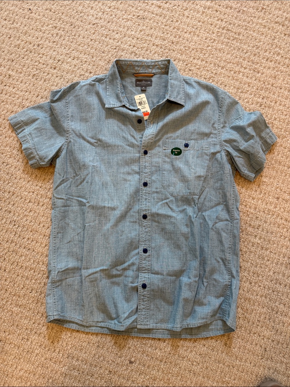 L.L. Bean Light Blue Heathered Short-Sleeve Button-Down Shirt
